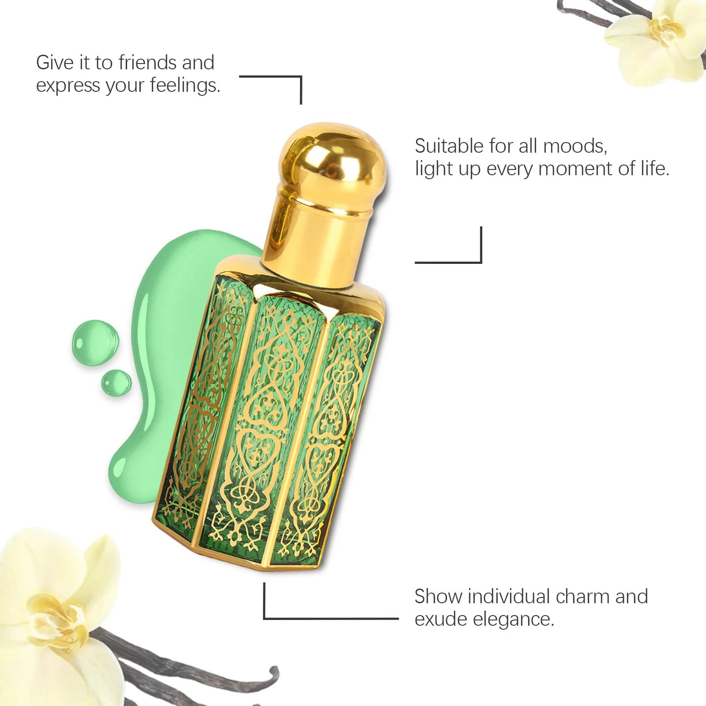 Arabian-style perfume, with a delicate and gentle vanilla fragrance that lingers for a long time, exudes charm and is a portable