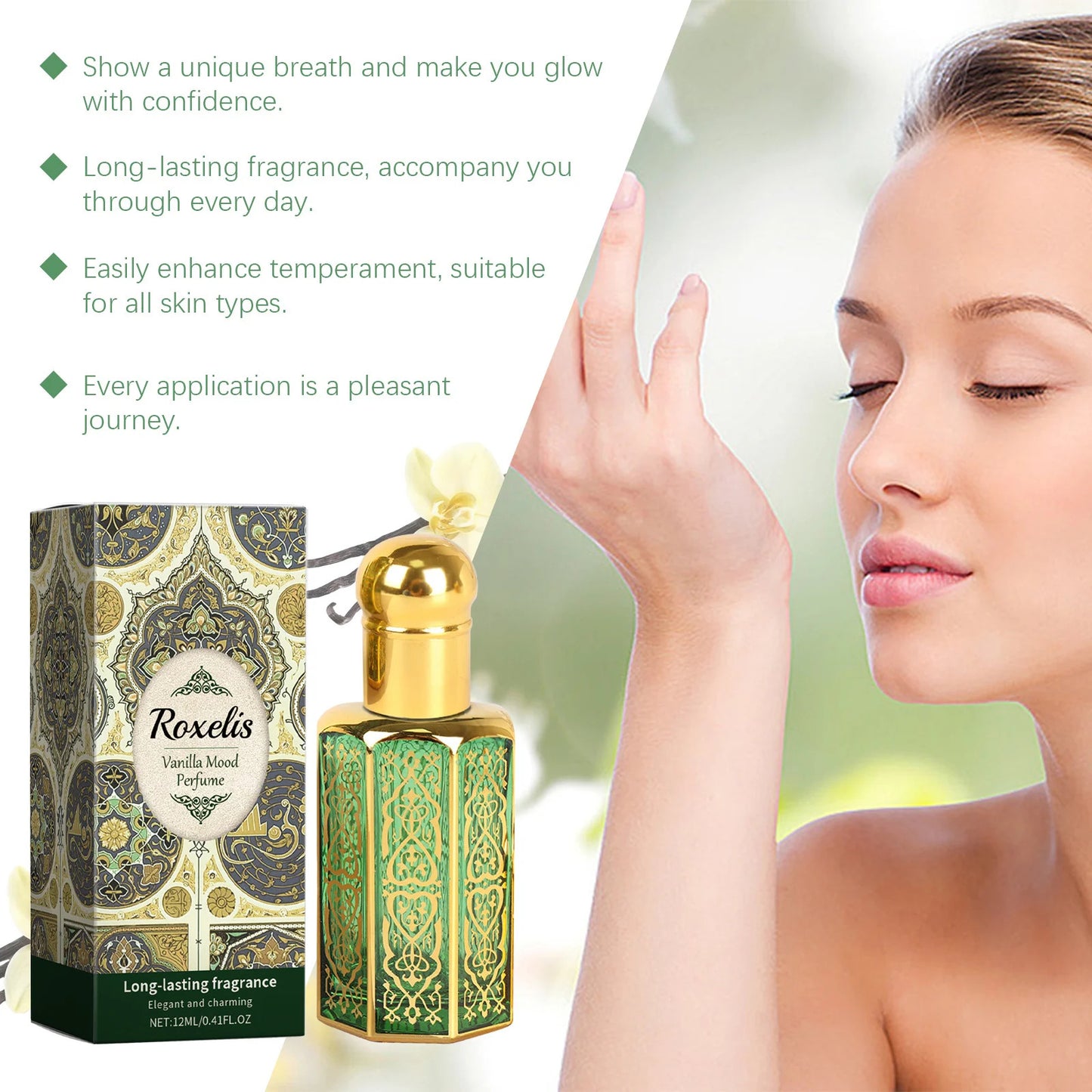 Arabian-style perfume, with a delicate and gentle vanilla fragrance that lingers for a long time, exudes charm and is a portable